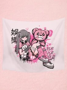 ROMWE Anime 卡通人物和小熊印花掛毯 - 粉色 - 查看 2