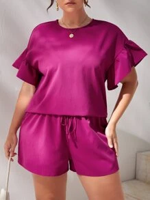 SHEIN Essnce Bộ thời trang Plus Size Nút Thắt nút Xù màu trơn Giải trí - Màu Hồng Tươi - Xem 1