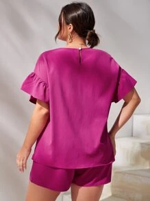 SHEIN Essnce Bộ thời trang Plus Size Nút Thắt nút Xù màu trơn Giải trí - Màu Hồng Tươi - Xem 2