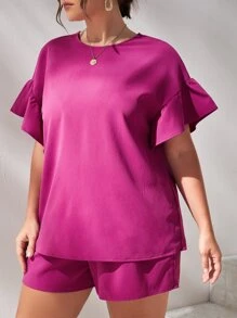 SHEIN Essnce Bộ thời trang Plus Size Nút Thắt nút Xù màu trơn Giải trí - Màu Hồng Tươi - Xem 3