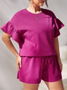 SHEIN Essnce Bộ thời trang Plus Size Nút Thắt nút Xù màu trơn Giải trí - Màu Hồng Tươi - Xem 5