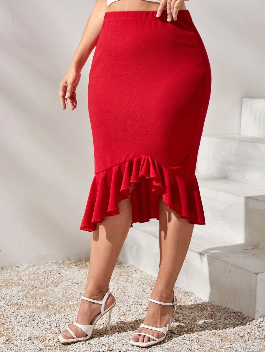 SHEIN SXY Plus High Waist Asymmetrical Ruffle Hem Skirt - Red - View 1