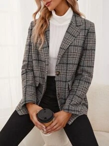 Flap Pocket Plaid Tweed Blazer Winter Casual - Multicolor - View 1