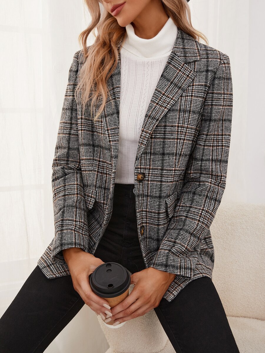 Flap Pocket Plaid Tweed Blazer Winter Casual - Multicolor - View 1