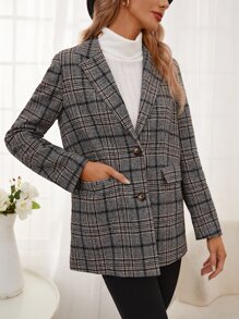 Flap Pocket Plaid Tweed Blazer Winter Casual - Multicolor - View 3