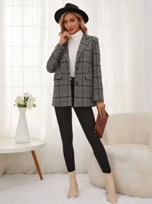 Flap Pocket Plaid Tweed Blazer Winter Casual - Multicolor - View 5