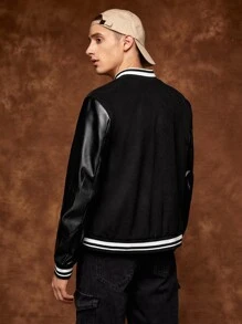 SWAVVY 1 Pieza Chaqueta Universitaria Con Letras Gráficas Y Ribetes De Rayas - Negro - Ver 2