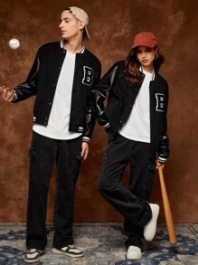 SWAVVY 1 Pieza Chaqueta Universitaria Con Letras Gráficas Y Ribetes De Rayas - Negro - Ver 4