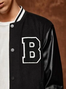 SWAVVY 1 Pieza Chaqueta Universitaria Con Letras Gráficas Y Ribetes De Rayas - Negro - Ver 5