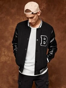 SWAVVY 1 Pieza Chaqueta Universitaria Con Letras Gráficas Y Ribetes De Rayas - Negro - Ver 6