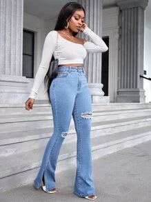 SHEIN SXY High Waist Ripped Flare Leg Jeans - Medium Wash - View 3