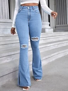 SHEIN SXY High Waist Ripped Flare Leg Jeans - Medium Wash - View 4