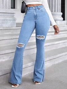 SHEIN SXY High Waist Ripped Flare Leg Jeans - Medium Wash - View 5