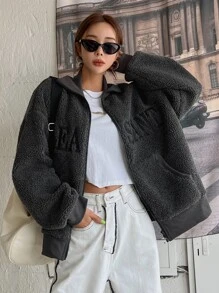 DAZY Letter Embroidery Drop Shoulder Zip Up Teddy Jacket - Dark Grey - View 3