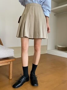 DAZY Solid High Waist Pleated Skirt - Apricot - View 6