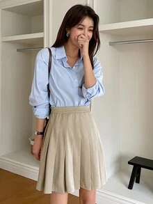 DAZY Solid High Waist Pleated Skirt - Apricot - View 4