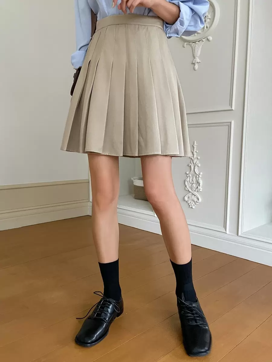 DAZY Solid High Waist Pleated Skirt - Apricot - View 1