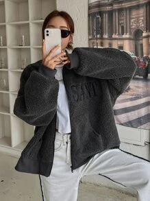 DAZY Letter Embroidery Drop Shoulder Zip Up Teddy Jacket - Dark Grey - View 4