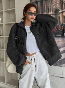 DAZY Letter Embroidery Drop Shoulder Zip Up Teddy Jacket - Dark Grey - View 5