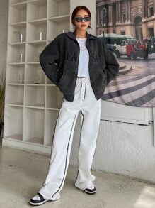 DAZY Letter Embroidery Drop Shoulder Zip Up Teddy Jacket - Dark Grey - View 6