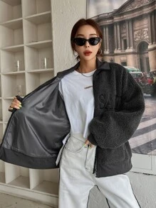 DAZY Letter Embroidery Drop Shoulder Zip Up Teddy Jacket - Dark Grey - View 8