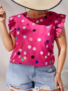 SHEIN LUNE Plus Polka Dot Print Ruffle Trim Blouse - Hot Pink - View 1