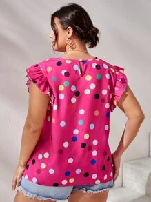 SHEIN LUNE Plus Polka Dot Print Ruffle Trim Blouse - Hot Pink - View 2