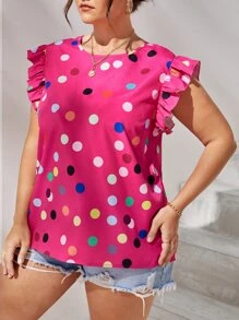 SHEIN LUNE Plus Polka Dot Print Ruffle Trim Blouse - Hot Pink - View 3