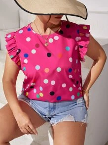 SHEIN LUNE Plus Polka Dot Print Ruffle Trim Blouse - Hot Pink - View 5