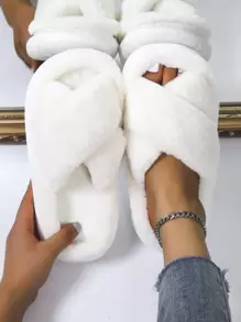 Cross Strap Fluffy Bedroom Slippers,Women's EVA thick-bottomed beige plush cross-platform slides, casual and slip-resistant bedroom slippers, comfortable indoor home slippers for autumn and winter - White - View 1