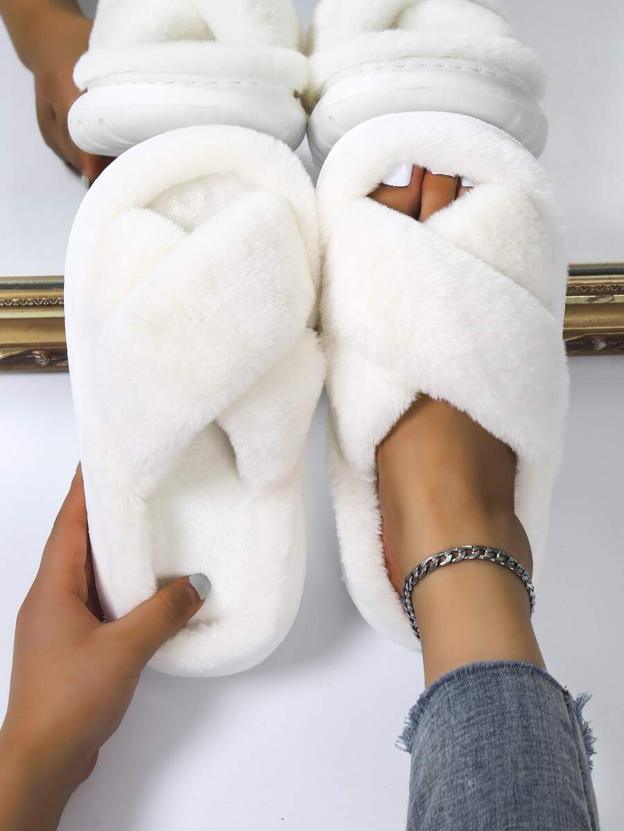 Cross Strap Fluffy Bedroom Slippers,Women's EVA thick-bottomed beige plush cross-platform slides, casual and slip-resistant bedroom slippers, comfortable indoor home slippers for autumn and winter - White - View 1