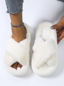 Cross Strap Fluffy Bedroom Slippers,Women's EVA thick-bottomed beige plush cross-platform slides, casual and slip-resistant bedroom slippers, comfortable indoor home slippers for autumn and winter - White - View 2