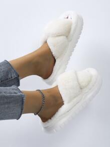 Cross Strap Fluffy Bedroom Slippers,Women's EVA thick-bottomed beige plush cross-platform slides, casual and slip-resistant bedroom slippers, comfortable indoor home slippers for autumn and winter - White - View 3