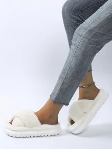 Cross Strap Fluffy Bedroom Slippers,Women's EVA thick-bottomed beige plush cross-platform slides, casual and slip-resistant bedroom slippers, comfortable indoor home slippers for autumn and winter - White - View 6