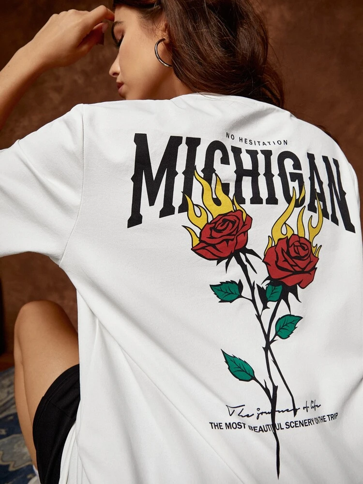 1pc Slogan & Floral Print Tee