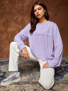 SWAVVY 1pc Letter Graphic Seam Detail Pullover - Lilac Purple - View 3