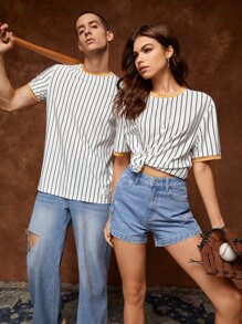 Manfinity RebelGame 1pc Striped Print Patched Detail Tee - White - View 1