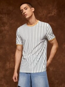 Manfinity RebelGame 1pc Striped Print Patched Detail Tee - White - View 3