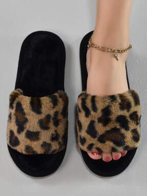 Fall/Winter Women Leopard Pattern Fuzzy Bedroom Slippers, Fashionable Open Toe Home Slippers,Halloween,Fluffy Slippers