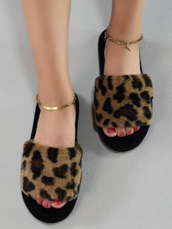 Höst/vinter leopardmönster för kvinnor, fluffiga sovrumstofflor, moderiktiga öppna hemtofflor, Halloween, fluffiga tofflor