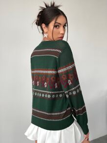 SHEIN Essnce Argyle & Floral Pattern Lantern Sleeve Jumper - Dark Green - View 2