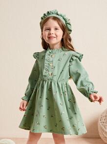 SHEIN 小女童印花荷葉邊荷葉袖連衣裙和帽 - 綠色 - 查看 7