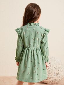 SHEIN 小女童印花荷葉邊荷葉袖連衣裙和帽 - 綠色 - 查看 2