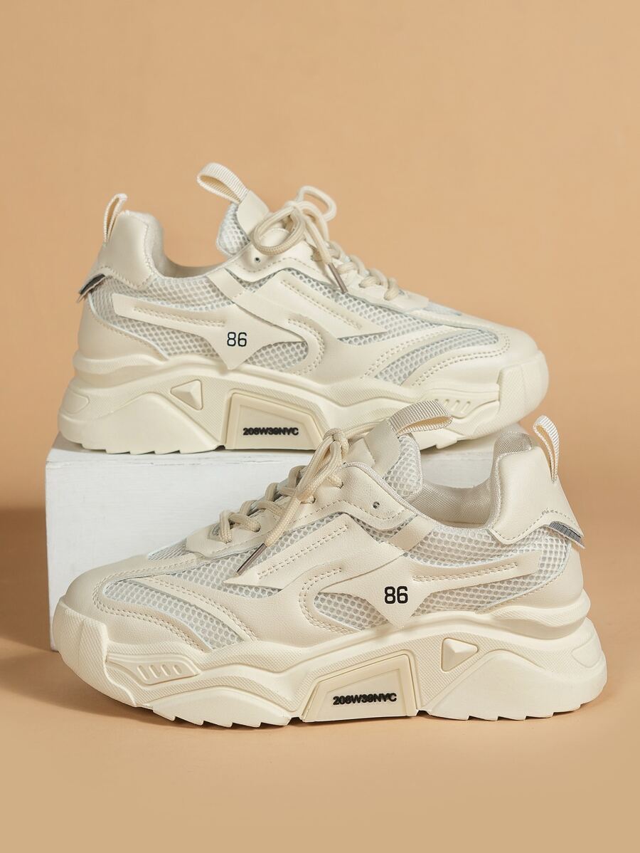 Number Pattern Lace-Up Front Chunky Sneakers, Beige Athletic Mono-Color Chunky Shoes