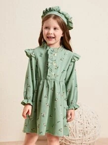 SHEIN 小女童印花荷葉邊荷葉袖連衣裙和帽 - 綠色 - 查看 3