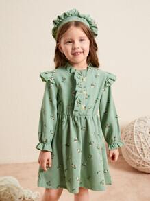 SHEIN 小女童印花荷葉邊荷葉袖連衣裙和帽 - 綠色 - 查看 4
