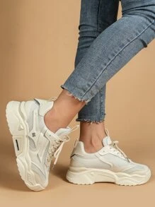 Number Pattern Lace-Up Front Chunky Sneakers, Beige Athletic Mono-Color Chunky Shoes