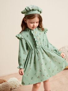 SHEIN 小女童印花荷葉邊荷葉袖連衣裙和帽 - 綠色 - 查看 6