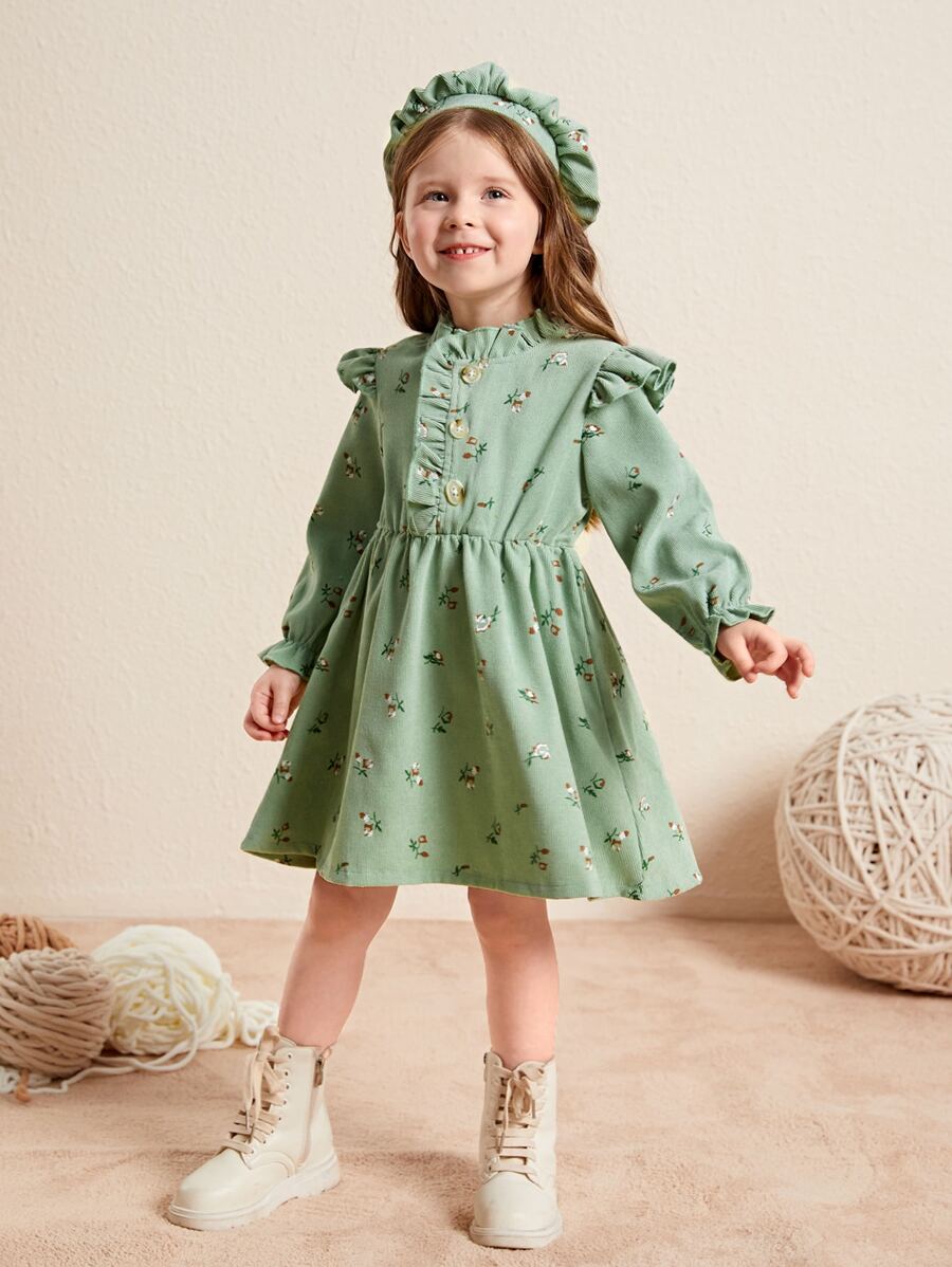 SHEIN 小女童印花荷葉邊荷葉袖連衣裙和帽 - 綠色 - 查看 1