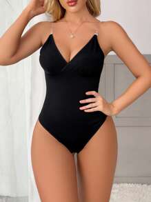 Solid Shapewear Bodysuit With Detachable Transparent Strap - Black - View 3